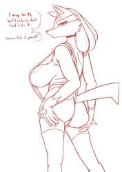 1girls asking_viewer bent_arm big_ass big_breasts bikini breasts dialogue digital_drawing_(artwork) digital_media_(artwork) dog_ears dog_tail eyelashes female female_focus female_only grabbing_ass grabbing_own_ass half-closed_eyes huge_breasts line_art looking_at_viewer looking_back lucario milf nintendo original_character pokemon pokemon_(species) posing quin-nsfw shiny_skin sideboob sling_bikini solo solo_female solo_focus spread_ass spreading spreading_ass standing tagme tail