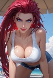 ai_generated all_fours beach big_breasts cleavage euskyart jean_shorts jessie_(pokemon) looking_at_viewer mature_female milf pokemon red_hair shorts tank_top