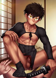 2boys abs black_hair clothes doudanuki_masakuni erection homri male male_only pecs penis sword testicles touken_ranbu underwear yaoi