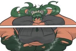 bbw belly big_breasts chubby dark_skin different_breast_sizes fat_ass focus_on_ass fukua_(skullgirls) grabbing massive_breasts overweight skirt skullgirls tdookus thick_thighs tummy voluptuous_female