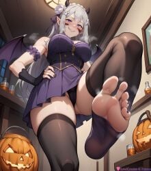 1girls absurd_res ai_generated big_breasts black_nails blush blush blush_lines breasts cameltoe costume curvy curvy_figure demon_horns dominant dominant_female domination elf elf_ears elf_female elf_girl emilia_(re:zero) feet female female female_focus female_only flower_in_hair foot_fetish foot_focus foot_worship footwear hair hair_between_eyes hair_ornament halloween halloween_costume high_resolution highres horns indoors lewdcreationsai looking_at_viewer looking_down pointy_ears purple_eyes re:zero_kara_hajimeru_isekai_seikatsu sexually_suggestive skirt smirk smug smug_face soles solo solo_female solo_focus stable_diffusion standing_on_one_leg steam steaming_body steamy_breath sweat sweatdrop sweating sweaty tagme thick thick_legs thick_thighs thigh_highs thighhighs thighs toenail_polish toes vampire