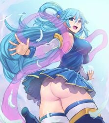 1girl a-na aqua_(konosuba) ass blue_eyes blue_hair blue_shirt blue_skirt breasts covered_nipples detached_sleeves kono_subarashii_sekai_ni_shukufuku_wo! long_hair no_panties open_mouth smile thighhighs thighs