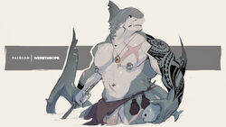 1boy anthro balls bara clothed clothing fish flaccid humanoid_penis jewelry loincloth male male_only marine muscular muscular_male necklace nipple_piercing nipples patreon penis piercing scar shark solo standing tattoo topless vein werethrope