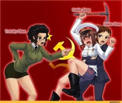 3girls angry angry_expression angry_face angry_female arguing artist_name artist_signature big_ass big_breasts big_butt big_hips big_thighs black_skirt blue_pants breasts business_suit buttoned_shirt clothed clothed_female commie communism communist dark_eyes female female_focus female_only glasses hammer_and_sickle hips history icepick imminent_death joseph_stalin left_propaganda lenin_chan leon_trotsky lev_trotsky military_clothing military_hat military_jacket military_uniform nerd nerdy nerdy_female office_clothing open_mouth pipe propaganda public_domain rule_63 russian_revolution sfw short_hair shorts soviet_union stalin_chan star thick_thighs thighs trotsky_chan vladimir_lenin wants_to_kill wide_hips фank_(artist)