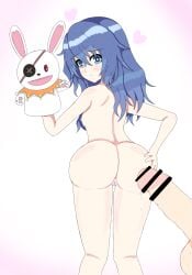 1boy 2d 2d_(artwork) ass ass_grab big_ass blue_eyes blue_hair blush breasts censored censored_genitalia censored_penis censored_pussy date_a_live himekawa_yoshino light-skinned_female light-skinned_male long_hair naked naked_female nipples penis puppet pussy small_breasts sole_female solo solo_focus thighs vagina variant_set