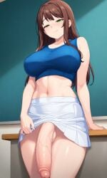 ai_generated blue_shirt brown_hair erect_penis futanari green_eyes schoolgirl showing_penis skirt_lift sultry_gaze white_skirt