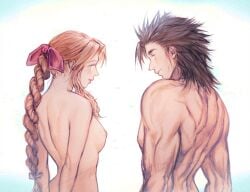 aerith_gainsborough aqua_eyes black_hair blue_eyes braided_hair brown_hair final_fantasy final_fantasy_vii hairbow human human_only light-skinned_female light-skinned_male light_skin linono medium_breasts muscular_male nude nude_female nude_male scars spiky_hair square_enix zack_fair