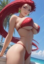 ai_generated beach big_breasts bikini euskyart jessie_(pokemon) leaning_back midriff perky_breasts pokemon red_bikini red_hair underboob