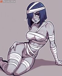 ai_generated arm_support bandages blue_hair breasts collarbone colored_skin dc dc_comics female grey_background grey_skin hair_over_one_eye large_breasts looking_at_viewer medium_breasts medium_hair megasonek mummy mummy_costume naked_bandage parted_lips patreon_logo patreon_username purple_eyes raven_(dc) short_hair simple_background solo watermark