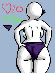 ass bald bald_female blue_background bra breasts chetoh claire_(chetoh) egg female hands_on_hips like_icon oc original original_character panties purple_panties rear_view retweet_icon sideboob strip_game thick_thighs topless topless_female twitter twitter_strip_game_(meme) white_body