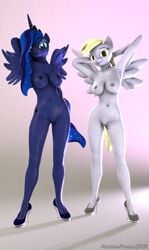 3d alicorn anthro anthrofied anthroponiessfm breasts clothing derpy_hooves equine female footwear friendship_is_magic hands_above_head hands_behind_head hasbro high_heels horn mammal my_little_pony naked_footwear naked_heels naked_with_shoes_on navel nipples nude pegasus princess_luna_(mlp) pussy shoes source_filmmaker wings