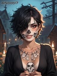 ai_generated ainoob17 black_hair dia_de_los_muertos freckles short_hair stable_diffusion tagme taina taina_(original_character) tan_body tan_lines taned_skin tanline tomboy