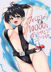 :d absurdres armpits arms_behind_head arms_up asymmetrical_hair belt black_belt black_gloves black_hair black_one-piece_swimsuit blue_eyes blush breasts cosplay covered_navel creatures_(company) female fingerless_gloves game_freak gincha gloves gym_leader hair_between_eyes highleg highres holding holding_poke_ball kasumi_(pokemon) large_breasts long_hair looking_at_viewer navel nintendo one-piece_swimsuit open_mouth poke_ball poke_ball_(basic) pokemon ponytail short_hair side_ponytail smile solo swimsuit teeth the_electric_tale_of_pikachu thighs tongue twintails upper_teeth_only