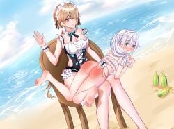 2girls absurdres ass bare_legs bare_shoulders barefoot beach blonde_hair blue_eyes blush bottle bottle_cap bottomless breasts cleavage day feet female female_only frills hand_up headdress highres honkai_(series) honkai_impact_3rd humiliation large_breasts long_hair multiple_girls ocean open_mouth outdoors over_the_knee peeing peeing_self pink_eyes rita_rossweisse sand short_hair sky smile soles spanked spanking swimsuit theresa_apocalypse water white_hair ying_ling