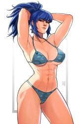 1girls abs absurd_res armpits arms_up artist_name bikini blue_bikini blue_eyes blue_hair breasts cameltoe camouflage camouflage_bikini cleavage cowboy_shot earrings female_pubic_hair hi_res king_of_fighters large_breasts leona_heidern matching_hair/eyes muscular muscular_female ponytail pubic_hair pubic_hair_peek simple_background solo swimsuit tropero variant_set