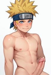 1boy abdomen ai_generated alone angle at balls big cock cum erection eyes face futarari hair holds huge legs looking low male male_only naked naruto naruto_shippuden nude nudity penis semen shy sitting spiky uncensored view viewer