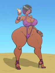 beach carbonrod curvy dark_skin female high_heels hoop_earrings lipstick sling_bikini thick_thighs violet_(gmeen)