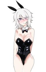 1girls blue_eyes blush bunny_ears bunnysuit cleavage clothed_female faust_(limbus_company) female female_focus female_only heart-shaped_pupils large_breasts limbus_company looking_away project_moon short_hair solo white_hair wide_hips