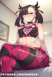 ai_generated black_hair blush choker crossed_legs green_eyes gym_uniform marnie_(pokemon) pokemon sitting small_breasts tight_clothing wanuze wide_hips