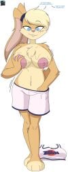 anthro basketball_uniform big_breasts blonde_hair bodily_fluids breast_grab breasts clothing dezzy_draws dialogue digital_media_(artwork) english_text exposed_breasts female fondling fur gender_transformation hair hand_in_shorts hand_on_breast hi_res lagomorph leporid lola_bunny looney_tunes mammal nipples possession rabbit rule_63 self_fondle solo sportswear sweat text transformation uniform warner_brothers