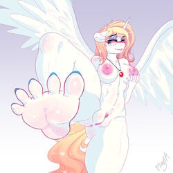 2018 alicorn areola big_breasts blonde_hair blue_eyes bonnie_zacherle bonniecorn breasts digital_media_(artwork) dragk equine eyewear fan_character feet female foot_focus friendship_is_magic glasses hair horn humanoid_feet jewelry looking_at_viewer makeup mammal my_little_pony necklace nipples nude plantigrade_anthro pussy simple_background smile solo toes wings