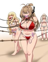 3girls amagi_brilliant_park ball_gag big_breasts blonde_hair bondage bound bound_arms bound_breasts bound_torso breasts brown_hair collar collar_and_leash egg_vibrator embarrassed gag gagged imbsengirl large_breasts latifa_fleuranza leash leashed_collar red_swimsuit rope_bondage rope_harness rope_walking sento_isuzu small_breasts swimsuit swimsuit_bottom swimsuit_top sylphy_(amaburi) tagme two_piece_swimsuit vibrator walking white_swimsuit