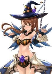 beatrix_(granblue_fantasy) bondage brown_hair chains embarrassed granblue_fantasy halloween halloween_costume hat tied_up witch_hat