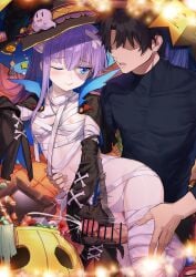 1boy bandage_on_hair bandaged_chest bandages black_hair blue_eyes blue_ribbon blush breasts censored coffeekite cum detached_sleeves ejaculation erection fate/grand_order fate_(series) female fujimaru_ritsuka_(male) hair_ribbon halloween hat highres long_hair long_sleeves meltryllis_(fate) mummy_costume naked_bandage navel nipples one_eye_closed penis purple_hair ribbon short_hair sleeves_past_fingers sleeves_past_wrists small_breasts smile straight thigh_sex tongue tongue_out very_long_hair witch_hat