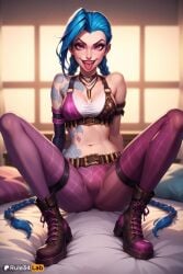 1girls ai_generated arcane arcane_jinx arm_tattoo artist_name asymmetrical_bangs bare_shoulders bed belt blue_hair boots braid breasts buckle cameltoe cleavage collarbone crop_top cross-laced_footwear full_body gloves hi_res indoors jewelry jinx_(league_of_legends) league_of_legends long_hair looking_at_viewer medium_breasts midriff naughty_face navel necklace on_bed open_mouth pants patreon_username pillow pink_eyes pink_pants purple_eyes purple_pants riot_games rule34lab sitting smile solo spread_legs stomach stomach_tattoo tattoo teeth thigh_strap tongue tongue_out twin_braids very_long_hair