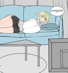 big_ass big_breasts elf elf_ears elf_female elves huge_breasts lostkid lying_on_side short_hair shorts thick_legs thick_thighs