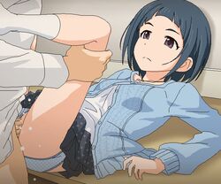 1boy bangs blue_hair blue_panties blunt_bangs brown_eyes cardigan censored clothed_sex clothing female idolmaster idolmaster_cinderella_girls leg_grab okazaki_yasuha panties panties_aside pendant penis polka_dot polka_dot_skirt print_panties pussy pussy_juice sex short_hair skirt solo_focus spread_legs tomu_(tomubobu) underwear vaginal_penetration