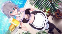 1girls 2d 2d_(artwork) beer belly_button blue_eyes breasts burger cleavage date_a_live dr_xidan glasses grey_hair honjou_nia light-skinned_female maid maid_outfit pool short_hair socks sole_female solo thighs