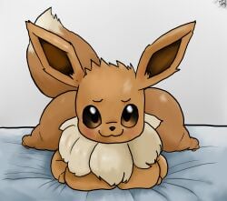 :3 big_breasts breasts busty cute cute_face eevee eye_glint facing_viewer furry furry_female furry_only huge_ass huge_breasts laying_down laying_on_bed laying_on_stomach legs_apart massive_ass on_model petplay pinup pokemon pokemon_(species) shiny_eyes teztaz