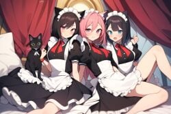 3girls ai_generated bed blue_eyes feline female female_only magenta_eyes maid maid_uniform pink_hair