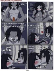 american_opossum anthro artist_name belly black_body black_eyes black_fur black_hair black_nose blonde_hair breasts canid canine canis claws comic dialogue digital_media_(artwork) dizzy_eyes domestic_cat duo english_text evelyne_(spikethefurry) felid feline felis female fur genitals grey_body grey_fur group hair hi_res hybrid kia_(spikethefurry) male mammal marsupial monochrome nipples nude paws penis pink_nose red_penis simple_background spike_(spikethefurry) spike_the_furry tail text trio url virginia_opossum white_body white_fur wolfdog