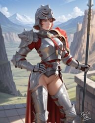 1girls ai_generated armor auburn_hair bottomless breastplate brown_eyes eidedodidei female gauntlets hand_on_hip helmet hildegard_von_krone mole_under_mouth outdoors pussy self_upload solo solo_female soul_calibur soul_calibur_iv spear standing