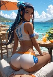 ai_generated beach big_breasts bikini erection_under_clothes euskyart looking_at_viewer looking_back nessa_(pokemon) pokemon pokemon_swsh sitting sports_bikini sportswear tan_skin