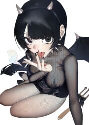 black_eyes black_hair cigarette cleavage costume devil_horns ear_piercing eyelashes fishnet_clothing fishnets holding_cigarette horn_headband large_breasts looking_at_viewer original smoke smoking smoking_cigarette spiked_collar spikes thighs tongue tongue_out tongue_piercing white_background white_body wings