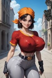 aged_up ai_generated bandana big_breasts black_eyes black_hair bythebrokenone dragon_ball jeans nai_diffusion nipples_visible_through_clothing pan_(dragon_ball) stable_diffusion