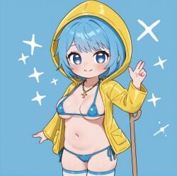 1girls bible bikini blue_bikini jewelry luce_(vatican) micro_bikini raincoat solo_female swimsuit yellow_raincoat