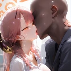 ai_generated aru_(blue_archive) blue_archive close-up dark-skinned_male french_kiss fuwako halo horns interracial jacket kissing office office_lady red_hair rikuhachima_aru saliva shiny_skin sweat tongue white_shirt