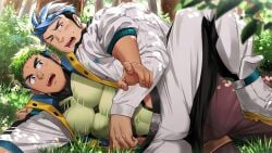 2boys abs bandaid bandaid_on_nose bangs bara beard_stubble beefy before_sex black_hair blue_hair blush bulge bulge_through_clothing clothed crave_saga duo forest gay grass green_hair grey_hair hi_res hugging hugging_from_behind jacket jacket_open legs_up lying lying_on_side male male/male male_only mature_male multicolored_hair muscles muscular muscular_male one_eye_closed open_clothes open_mouth outdoors pecs short_hair spread_legs sweat sweatdrop tepen_(tptptpn) thick_eyebrows tight_clothing v-shaped_eyebrows yellow_eyes