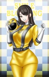 1girls asian asian_female big_breasts bodysuit breasts brown_hair engine_sentai_go-onger female female_focus female_only go-on_yellow hair huge_breasts large_breasts looking_at_viewer no_headwear pin_up rouyama_saki super_sentai thick_thighs treezero wide_hips yellow_eyes