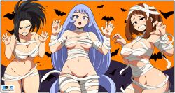 3girls bandage big_breasts black_eyes black_hair blue_eyes blue_hair breasts brown_eyes brown_hair clenched_teeth female female_only long_hair looking_at_viewer medium_hair momo_yaoyorozu mummy_costume my_hero_academia navel nejire_hado ochako_uraraka open_mouth ponytail tsuranukko watermark