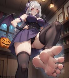 1girls absurd_res ai_generated big_breasts black_nails blush blush blush_lines breasts cameltoe costume curvy curvy_figure demon_horns dominant dominant_female domination elf elf_ears elf_female elf_girl emilia_(re:zero) feet female female female_focus female_only flower_in_hair foot_fetish foot_focus foot_worship footwear hair hair_between_eyes hair_ornament halloween halloween_costume high_resolution highres horns indoors lewdcreationsai looking_at_viewer looking_down pointy_ears purple_eyes re:zero_kara_hajimeru_isekai_seikatsu sexually_suggestive skirt smirk smug smug_face soles solo solo_female solo_focus stable_diffusion standing_on_one_leg steam steaming_body steamy_breath sweat sweatdrop sweating sweaty tagme thick thick_legs thick_thighs thigh_highs thighhighs thighs toenail_polish toes vampire