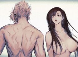 1 1boy 1boy1girl 1girls black_hair blonde_hair brown_eyes cloud_strife final_fantasy final_fantasy_vii front_view hair_covering_breasts huge_breasts linono long_hair rear_view scars spiky_hair tears tifa_lockhart voluptuous