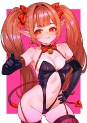 beauty_mark bell_collar black_choker brown earrings elf_ears female fishnet_stockings flexible_tail hair head_bow long_gloves oc original_character ponytail pyers_corporation red_eyes ribbon small_breasts solo standing_pose succubus succubus_outfit twin_ponytails twintails vexia(pyers) white_background