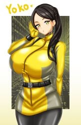 1girls alluring asian big_breasts big_thighs black_hair bodysuit breasts hair huge_breasts large_breasts looking_at_viewer no_headwear pin_up super_sentai thick_thighs thighs tokumei_sentai_go-busters treezero wide_hips yellow_eyes