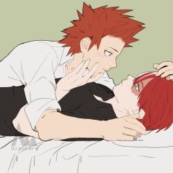 2boys blush eijirou_kirishima gay kirishima_eijirou looking_at_partner lying_on_back lying_on_person lying_on_stomach male male/male my_hero_academia on_top_of_another red_hair scar scar_on_face shouto_todoroki spiky_hair suggestive todoroki_shouto touching_face yaoi