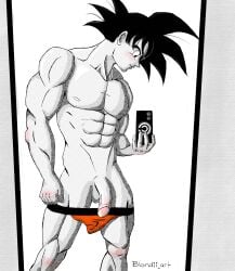 capsule_corporation_logo dragon_ball dragon_ball_z mirror_selfie son_goku underwear yaoi